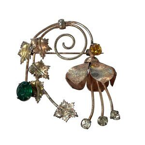 Vintage Sterling Floral Brooch 2.5 Inch Rhinestones Leaf Accents Elegant Design